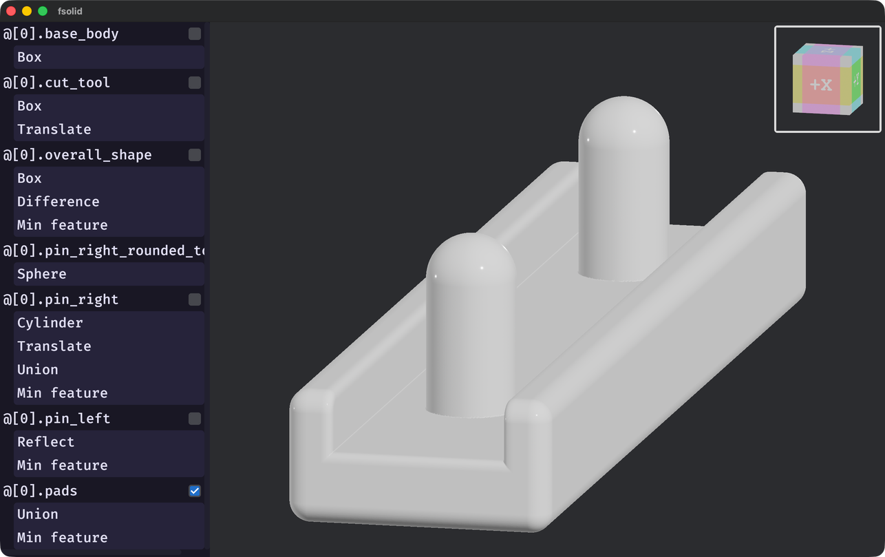 Screenshot of `fsolid` showing a simple interface and 3D part in the viewport.