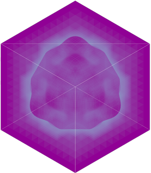 3D debug view of the number of combined steps necessary to find an approximate _isosurface_ when tracing a sphere with distortion.